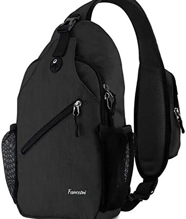 Fancosni Sling Bags for Women Men, Crossbody Sling Backpack, Chest Bag Lightweight Shoulder Bag, Multipurpose Sling Bag for Travel, Hiking, Shopping, Walking, Biking, Cycling, Earphone Hole, Black