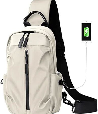 Sling Bag Crossbody Backpack Shoulder Bag for Men Women, Lightweight Adjustable Strap Backpack Sling Backpack for Hiking Walking Biking Travel Cycling USB Charger Port(Medium-White)